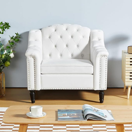 LEVNARY White Velvet Chair for Bedroom, Upholstered Sofa Chair with High Back, Mid-Century Modern Armchair with Solid Wood Legs, Single Couches for Living Room (White)