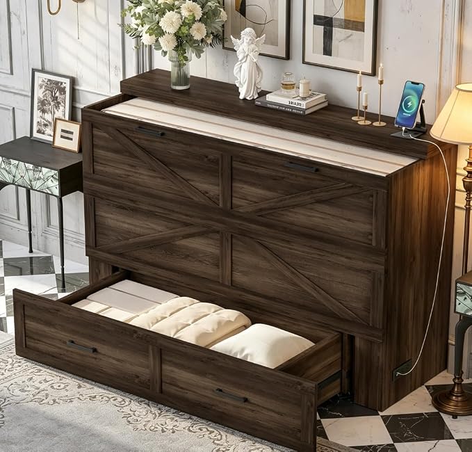 Bellemave Queen Murphy Bed with Charging Station and Storage, Farmhouse Murphy bedframe with Foldable Panel, Noisy Free, for Guest Bedroom, Living Room, Office, Rustic Gray