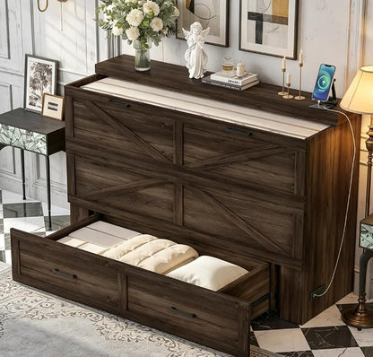 Bellemave Queen Murphy Bed with Charging Station and Storage, Farmhouse Murphy bedframe with Foldable Panel, Noisy Free, for Guest Bedroom, Living Room, Office, Rustic Gray