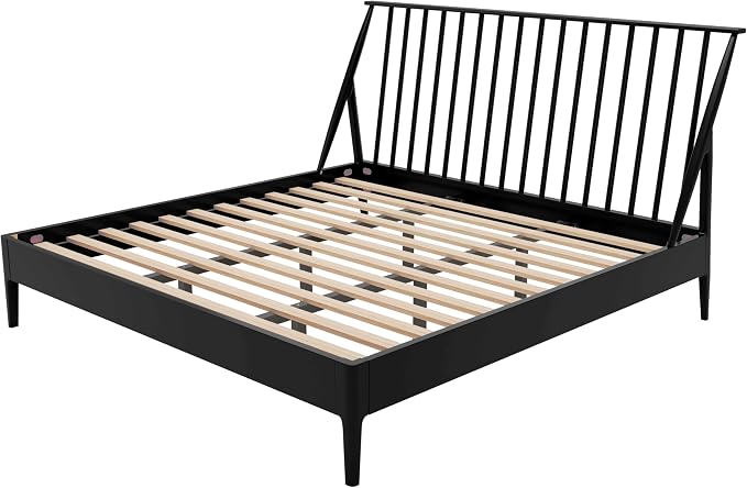 Merax King Size Solid Bamboo Wood Spindle Platform Bed with 46.5" Tall Headboard, Bohemian Bed Frame with Wooden Slats and Metal Support, Mid-Century Modern Style, No Box Spring Needed, Black
