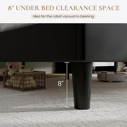 SHA CERLIN King Size Platform Bed Frame with Charging Station, Velvet Wingback Headboard with Storage Shelf, Wooden Slats Support, Ample Under-Bed Space, No Box Spring Needed, Easy Assembly, Black