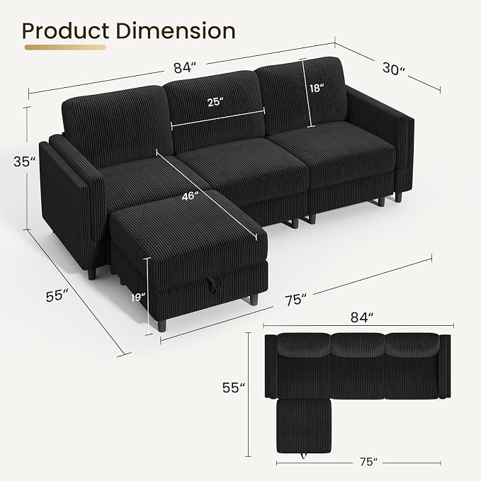 KKL Sleeper Sofa Couch - 4 Seater L Shape Modular Sectional Sofa Bed with Storage Ottoman, Convertible L/U-Shaped Sleeper Couch for Living Room, Modern Reversible Design