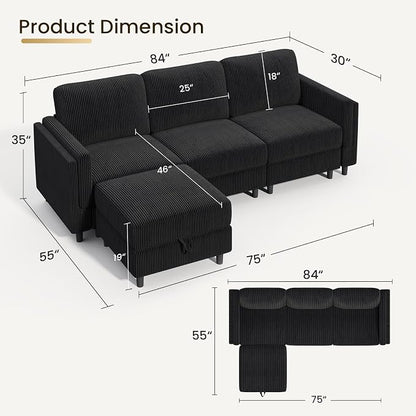 KKL Sleeper Sofa Couch - 4 Seater L Shape Modular Sectional Sofa Bed with Storage Ottoman, Convertible L/U-Shaped Sleeper Couch for Living Room, Modern Reversible Design