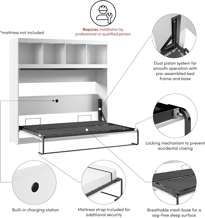 Bestar Full Size Horizontal Murphy Bed with Storage and Charging Station, 80-inch, for Bedroom or Guestroom, Pur Collection, Modern, White