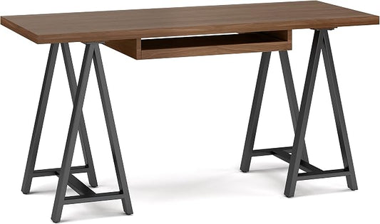 SIMPLIHOME Sawhorse Industrial 60 inch Wide SOLID WALNUT WOOD and Metal Desk in Walnut for the Office Desk, Writing Table, Workstation and Study Table