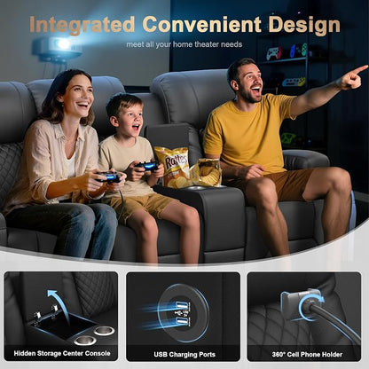 Recliner Sofa, Home Theater Seating with Center Console, 3 Seat Reclining Couch with USB Ports & Phone Holders, Wall Hugger RV Sofa Furniture Loveseat Recliner Couch with Storage & Pocket