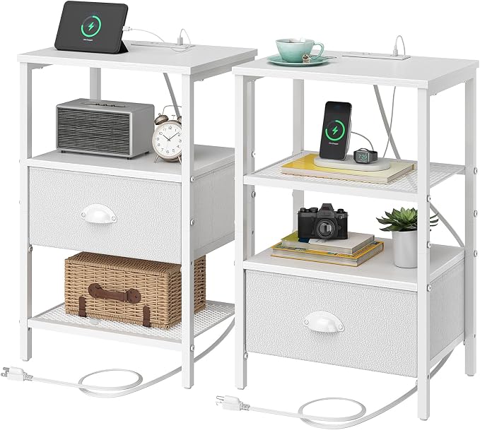 sthmec Nightstands Set of 2, Night Stands with Charging Station and Fabric Drawer PU Finish, Bedside Tables with Drawers, 2-Tier Side Table with Open Shelf, Nightstands with Charging Station,White