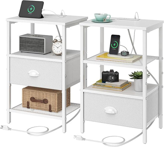 sthmec Nightstands Set of 2, Night Stands with Charging Station and Fabric Drawer PU Finish, Bedside Tables with Drawers, 2-Tier Side Table with Open Shelf, Nightstands with Charging Station,White
