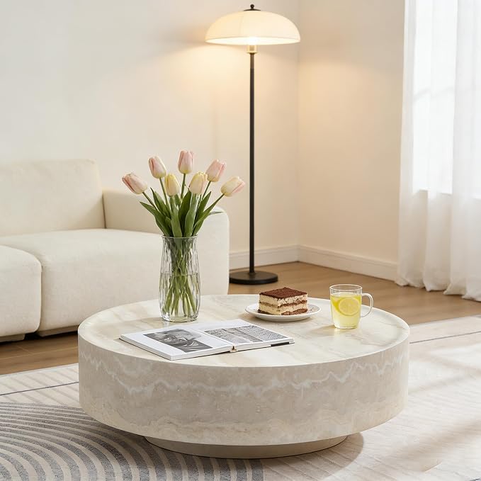 35.43" Modern Coffee Table Faux Marble Round Coffee Tables, Fiberglass Drum Center Table, Accent Low Circle Coffee Table Stone, Minimalist Sofa Side End Table for Living Room Apartment Office