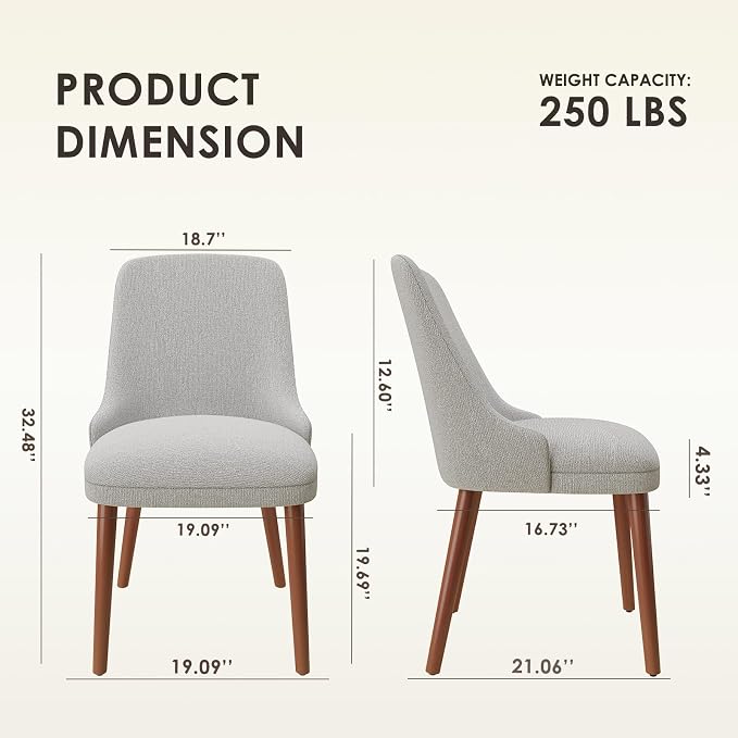 MALOL Dining Room Chair Set of 2, Upholstered Kitchen Chairs with Wood Legs, High-Back Padded Dining Chairs for Dining Room/Restaurant/Cafe, Light Grey