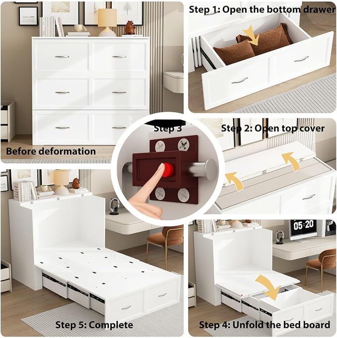 Twin Murphy Bed with Built-in Charging Station, Space-Saving Murphy Bed Chest Twin with Drawer, Foldable, for Home Office Guest Room Bedroom White, 76.8”L x 44.4”W x 41.3”H