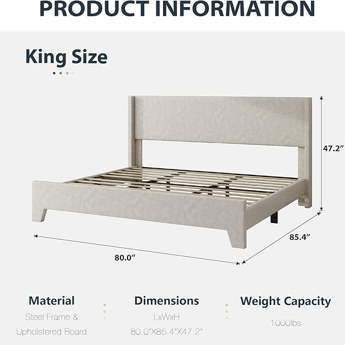 King Bed Frame with Faux Leather Upholstered Headboard, Wear-Resistant, Easy Clean, Mattress Foundation, No Box Spring Required, Easy Assembly, Beige
