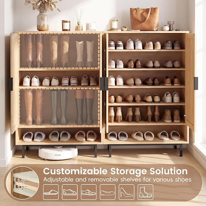 LOKO Shoe Storage Cabinet with 2 Doors, 6-Tier Rattan Shoe Organizer with Adjustable Shelves & Open Compartment, Freestanding Hidden Shoe Cabinet for Entryway, Closet & Living Room (Natural)
