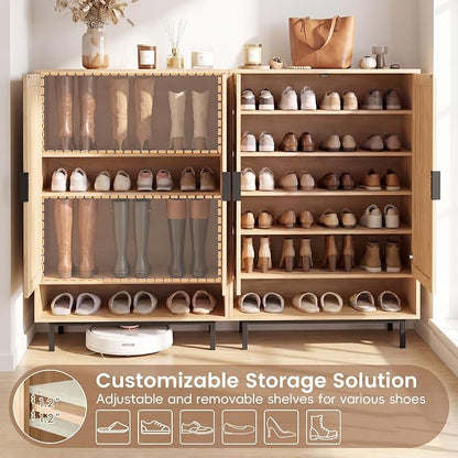 LOKO Shoe Storage Cabinet with 2 Doors, 6-Tier Rattan Shoe Organizer with Adjustable Shelves & Open Compartment, Freestanding Hidden Shoe Cabinet for Entryway, Closet & Living Room (Natural)
