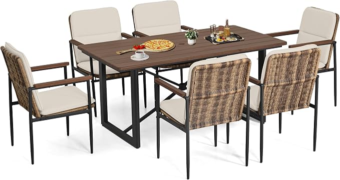 HAPPATIO 7 Piece Patio Dining Set Outdoor, 6 Wicker Chairs with Aluminum Frame and Olefin Cushions, Large Wooden Dining Table with Umbrella Hole,Patio Table and Chairs for Backyard Garden Porch
