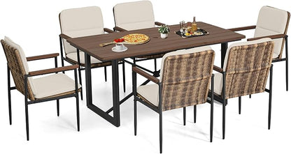 HAPPATIO 7 Piece Patio Dining Set Outdoor, 6 Wicker Chairs with Aluminum Frame and Olefin Cushions, Large Wooden Dining Table with Umbrella Hole,Patio Table and Chairs for Backyard Garden Porch