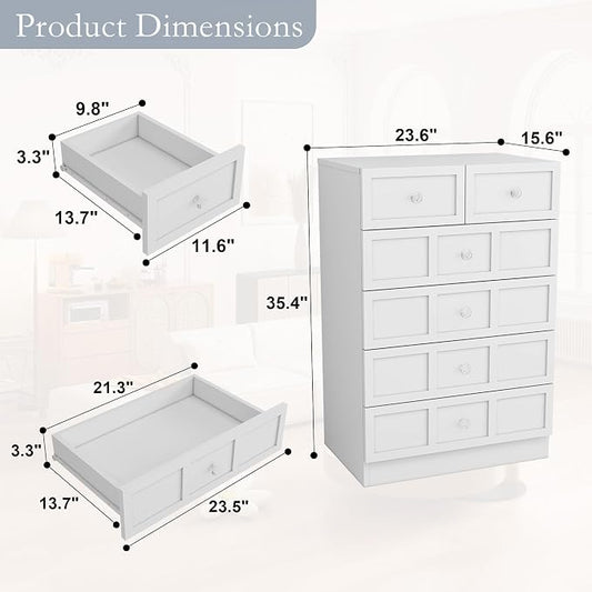 6 Drawer Dresser for Bedroom: 24" White Wide Tall Dressers for Bedroom, Modern Fluted Dresser with Deep Drawers, Wooden Chest of Drawers for Living Room