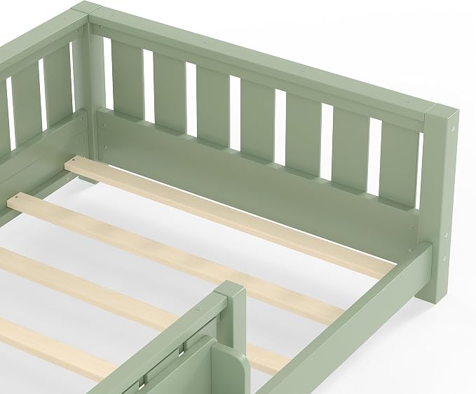 Bellemave Twin Floor Bed with Rails and Slats, Twin Size Montessori Floor Bed with Bookshelf and Fence, Easy Assemble Montessori Beds Frame for Girls, Boys, Avocado Green