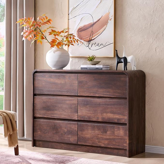 Aitjunz Modern 6 Drawers Dresser for Bedroom, 47" Wide Wood Dressers & Chests of Drawers w/Curved Profile Design, Mid Century Modern Dresser w/Natural Texture for Bedroom, Living Room, Brown