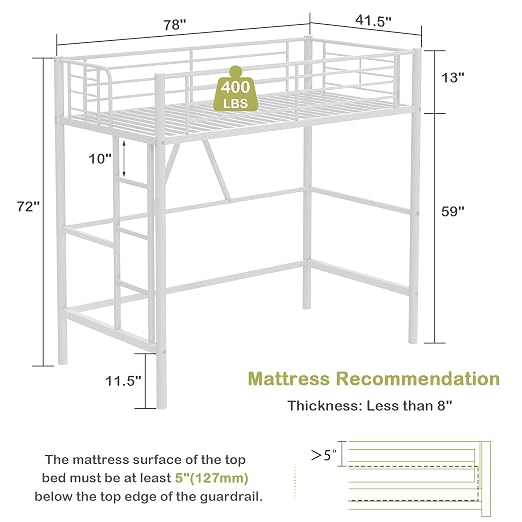 VECELO Metal Loft Bed Twin Size, Heavy Duty Bedframe with Removable Ladder and Safety Guardrail, Space-Saving, Noise Free, No Box Spring Needed, Off White