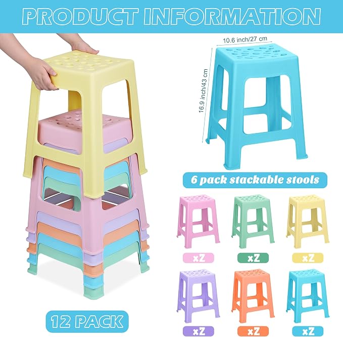 TURSTIN 12 Pack Plastic Stools 16.9 Inch 6 Macaron Colored Nesting Stools Portable Backless Bar Stool Flexible Seating Chairs for Classroom Office Home