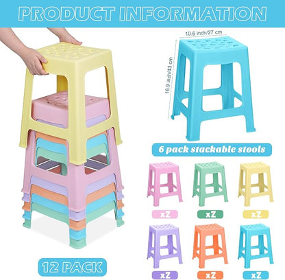 TURSTIN 12 Pack Plastic Stools 16.9 Inch 6 Macaron Colored Nesting Stools Portable Backless Bar Stool Flexible Seating Chairs for Classroom Office Home