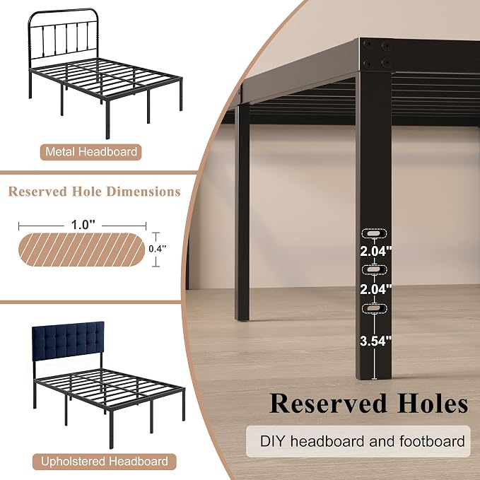 HOBINCHE 20 Inch Queen Size Bed Frame, No Box Spring Needed, Heavy Duty Black Metal Platform Mattress Foundation with Steel Slats, Non-Slip Noise Free Easy Assembly, Large Storage