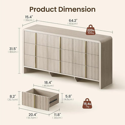 ModernMate Fluted 9 Drawer Dresser for Bedroom, 64.2" Wide White Chest of Drawers, Modern Wood Storage Cabinet with Metal Handles, Anti-Tip Clothes Organizer, White Alder
