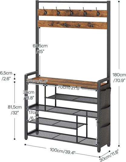 HOOBRO Hall Tree with Bench, Shoe Rack with Coat Rack, 39.4" Coat Rack with Shoe Storage, 5 Tier Shoe Storage Organizer, Oxford Fabric Side Pockets, Coat and Shoe Rack Entryway, Rustic Brown BF46MT01