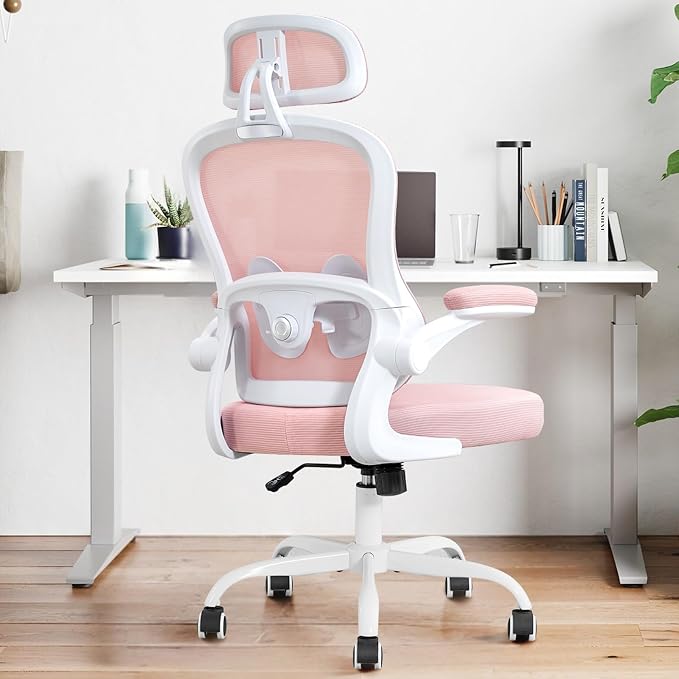 Ergonomic Office Chair,Ultra Thick Spring Cushion Desk Chair,Pink | Adjustable Lumbar Support and Headrest,Flip-up Arms,Rocking Function,Mesh Home Office Computer Chair