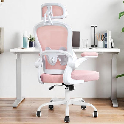 Ergonomic Office Chair,Ultra Thick Spring Cushion Desk Chair,Pink | Adjustable Lumbar Support and Headrest,Flip-up Arms,Rocking Function,Mesh Home Office Computer Chair