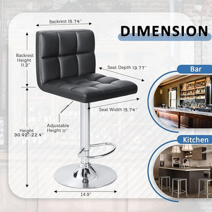 Homall Bar Stools Modern PU Leather Adjustable Swivel Barstools, Armless Hydraulic Kitchen Counter Bar Stool Extra Height Square Island Barstool with Back Set of 2 (Leather, Black)