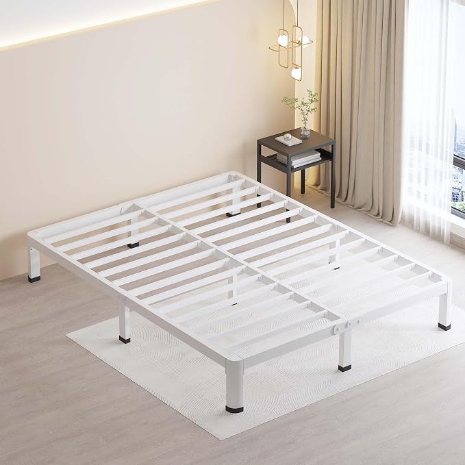 MAF 10 Inch Queen Size Bed Frame White with Round Corner Legs Mattress Slide Stopper No Box Spring Needed Heavy Duty Metal Platform Bed Frames Under-Bed Storage Space, 3000 LBS Steel Slats Support