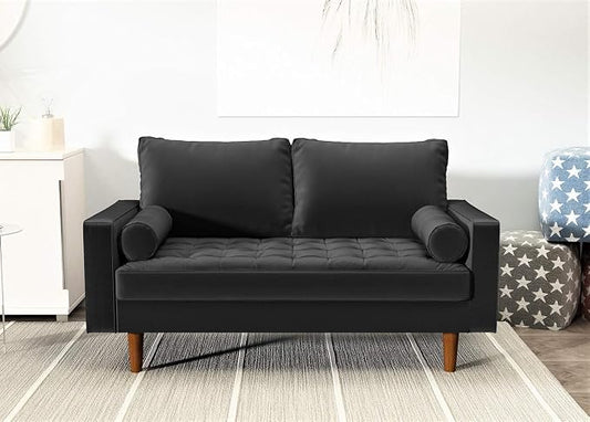 Container Furniture Direct Womble Mid Century Modern Velvet Upholstered Tufted Seat with Bolster Pillows, Sofa, Black