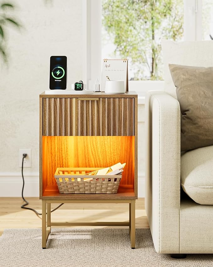 Masupu Fluted Nightstand with Charging Station and LED Lights,Modern Night Stand Wood Bedside Table with Storage Drawer Side End Table for Bedroom,Office,Walnut Brown