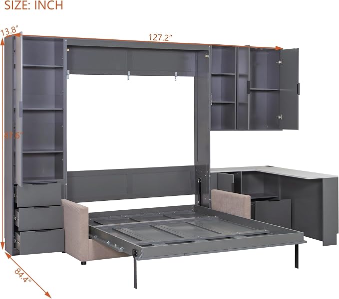 Merax Farmhouse Multi-Functional Murphy Bed with Sofa, Desk & Storage Cabinet,Solid Wood Foldable Wall Bed with/w/USB Charging Station Space Saving/No Box Spring Needed/Queen, Gray +Beige