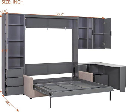 Merax Queen Size Wood Murphy Bed with Upholstered Sofa & Desk, Multifunctional Foldable Wall Platform Bed w/USB Charging Station for Guest-Room, Bedroom, Space Saving, Gray +Beige