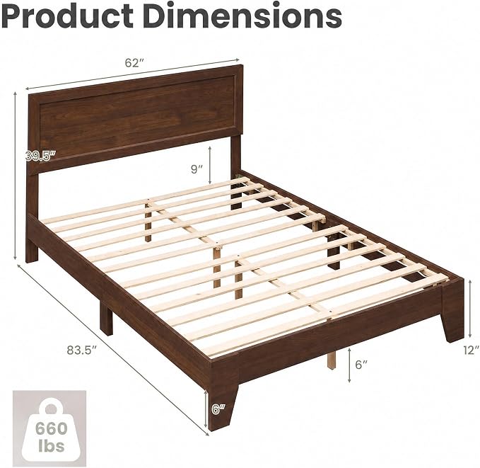Giantex Queen Size Wooden Bed Frame with Headboard, Wood Slat Support | Modern Platform Bed with Heavy Duty Mattress Foundation, Under-Bed Storage, No Box Spring Needed, Easy Assembly (Walnut)