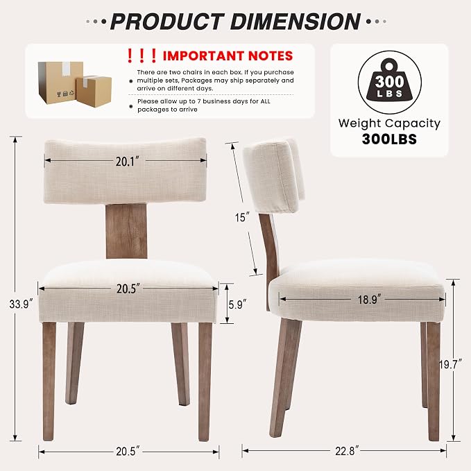 HNY Mid Century Modern Dining Chairs Set of 2, Upholstered Linen Kitchen & Dining Room Chairs with Ergonomic Curved Backrest, Solid Wood Legs, Farmhouse Accent Chair for Home, Apartment, Beige