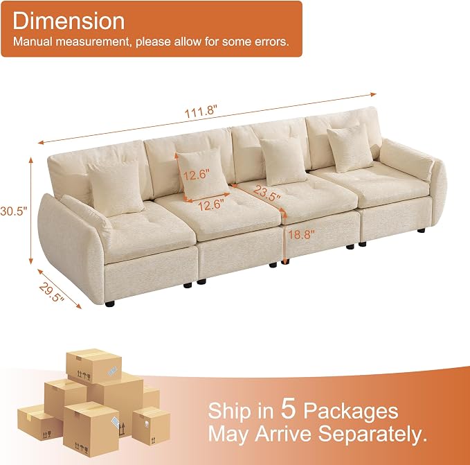 112" Oversized Modular Cloud Sofa, Deep Seat Tufted Chenille 4-Seater Sectional Couch with Curved Arms, Comfy Sofas for Living Room, Beige