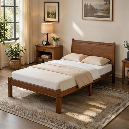 Askeld 14 inch Bamboo Twin Bed Frame with Headboard, Light Cottagecore Solid Wood Platform Bed No Box Spring Needed, Easy Assembly, Noise Free, Light Walnut Color