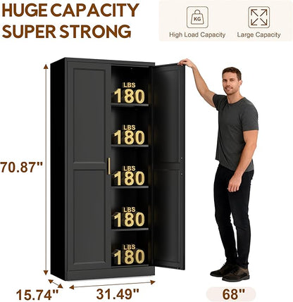 UNICOLY 71" Kitchen Pantry Cabinet, Pantry Storage Cabinet with Doors and 4 Shelves, Metal Storage Cabinets for Kitchens, Living Room, Dinning Room, Assembly Required, Black