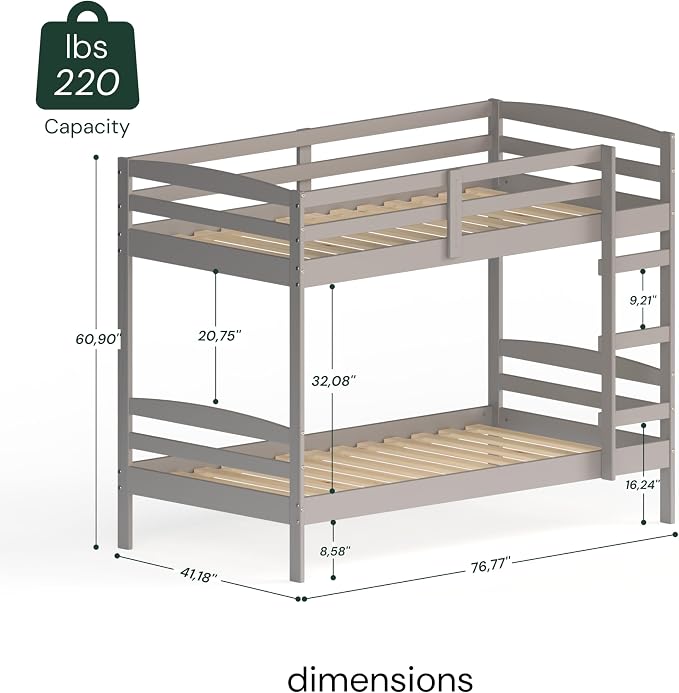 From the Tree Furniture Twin Over Twin Bunk Bed for Kids — Solid Pine Wood with Full-Length Safety Rails & Hang-On Ladder — 220 lbs Per Bunk · ASTM F1427 + 16 CFR 1213 Certified — Space-Saving Design
