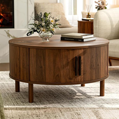 ZttRiee Round Coffee Table with Sliding Doors, Mid-Century, Walnut | Ø30.0"D x 16.3"H, 200 lbs capacity, dual sliding-door storage, ~45 min assembly