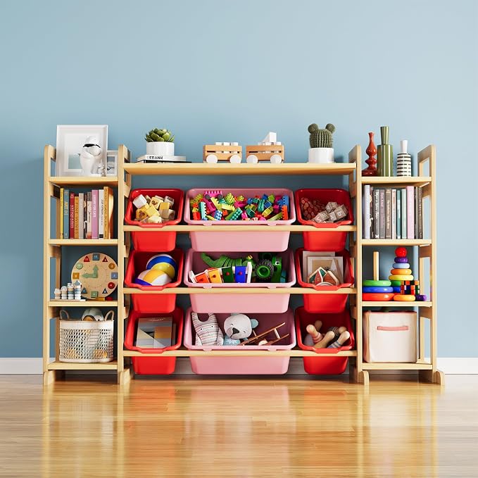 SpaceAid Large Toy Storage Organizer 9 Shelves 9 Bins, Toy Organizers Storage Bookshelf, Kids Bin Shelf Toys Box Bookcase for Bedroom Playroom Organization Room Decor, Red and Pink