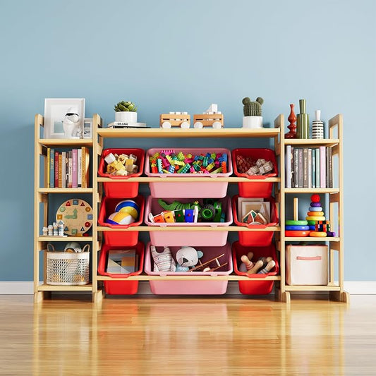 SpaceAid Large Toy Storage Organizer 9 Shelves 9 Bins, Toy Organizers Storage Bookshelf, Kids Bin Shelf Toys Box Bookcase for Bedroom Playroom Organization Room Decor, Red and Pink