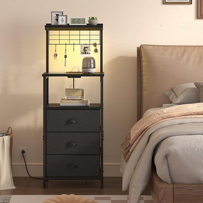 sthmec Bedside Tables Tall Nightstands with Charging Station, LED Bedside Table for Bedroom - 3 PU Fabric Drawers, Hooks, Black