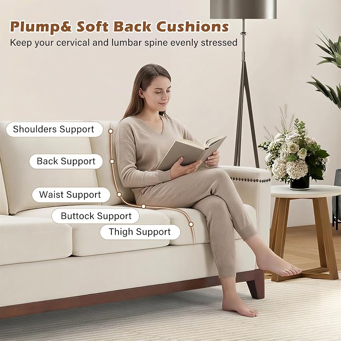 HAOMARKETS Vintage 2-Seater Upholstered Loveseat Sofa with Nailhead Trim, High-Density Foam Cushion & Solid Wood Legs, Soft Fabric Couch for Small Spaces, Beige