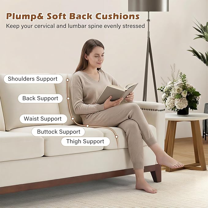 HAOMARKETS 3 Piece Fabric Sofa Set with Nailhead Trim, Included 2 Loveseat 2-Seater Couches with Thicked Cushion and Upholstered Storage Ottoman with Flip-Top Table, Living Room Furniture Set,Beige