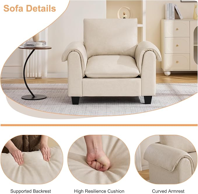 44.5" Faux Leather Single Sofa, Oversized Accent Chair with Curved Armrests, Cloud Modern Sofa Upholstered Deep Seat Reading Chair Armchair for Living Room, Bedroom，Beige
